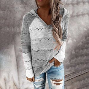 Women Casual Patchwork V-neck Long Sleeves  Sweate